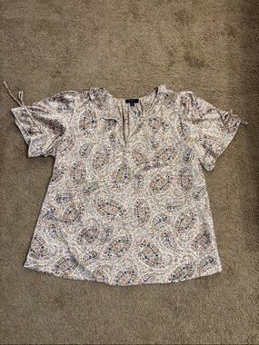 Have Cream Paisley Short Sleeve V-Neck Top with Blue and Brown Accents